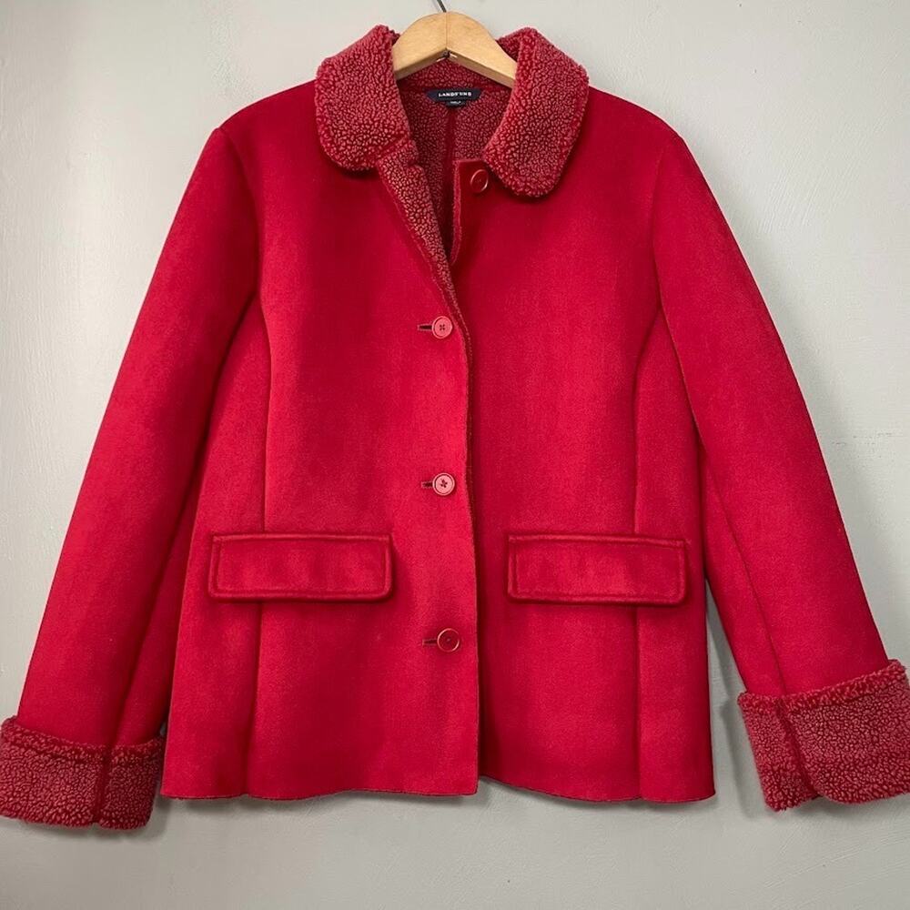 Lands End Womens Size Medium Red Faux Suede Sherpa Lined Chore Coat Country Boho